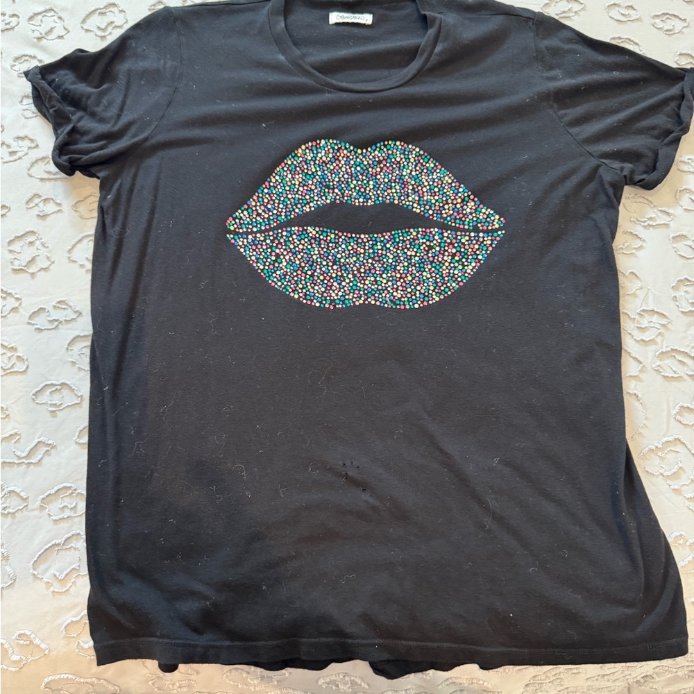 Black T-Shirt with Lip Rhinestones